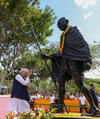 PM Modi pays tributes at the statue of Mahatma Gandhi at Peace Park at Victoria