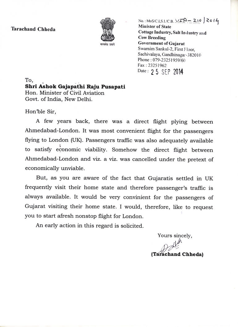 Ashok Gajapathi Raju Letter