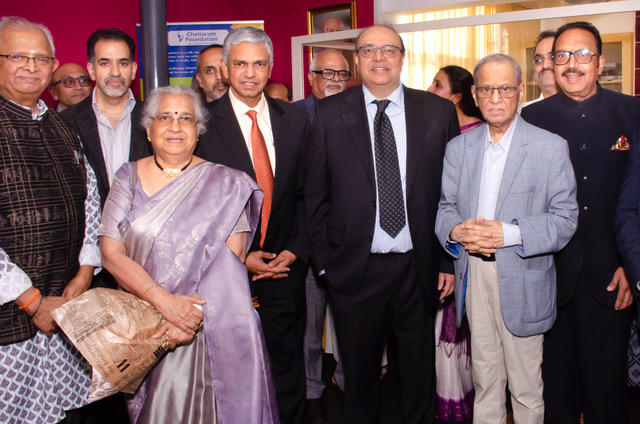 L to R - Dr MN Nandakumara MBE, Mr Girish Sanger, Smt. Sudha Murty, H.E. Kumaran Periaswamy, Sri Subhanu Saxena, Sri Narayana Murty, Sri Viond Thakrar