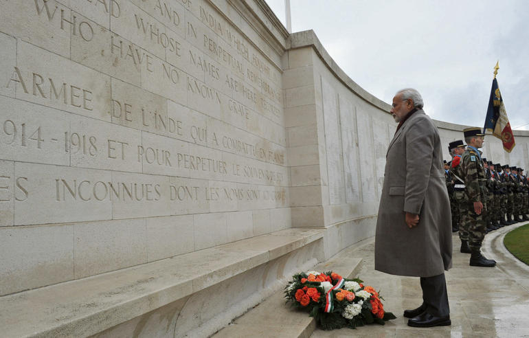 Modi paying homage at the World War I Memorial, in Neuve-Chapelle, France
